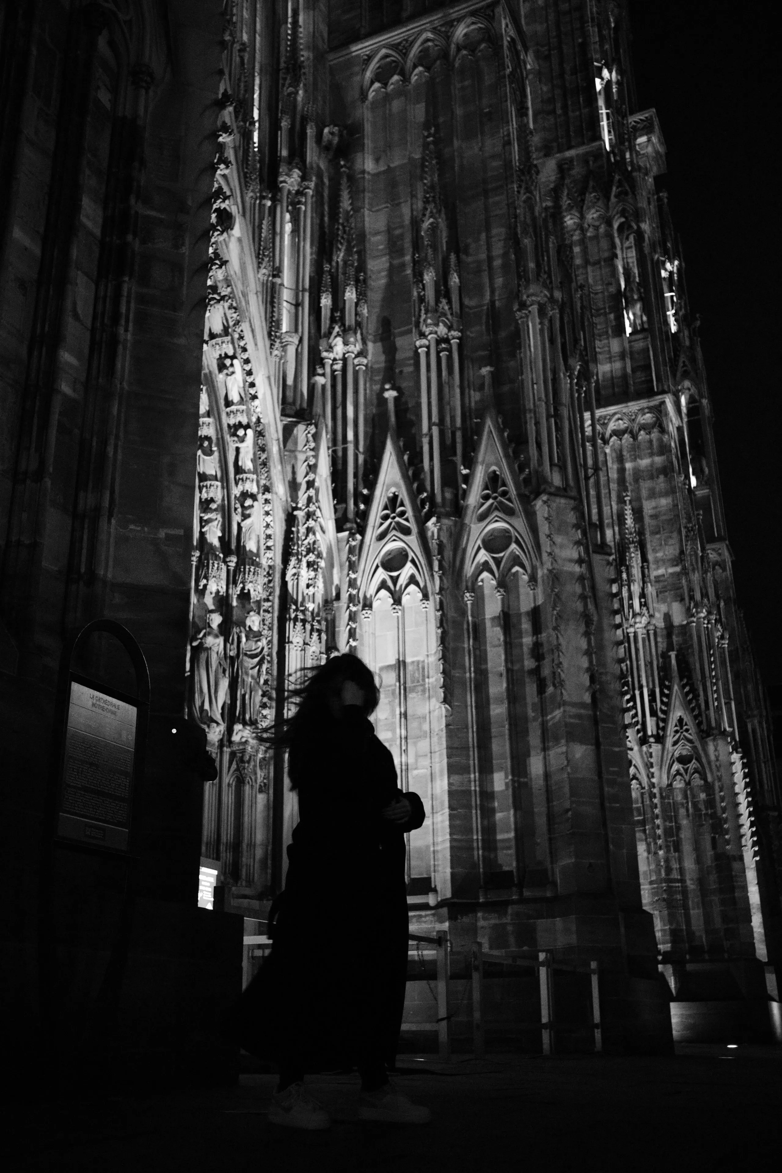 Silhouette of a person standing before illuminated Gothic cathedral columns and ornate architectural details in dramatic black and white